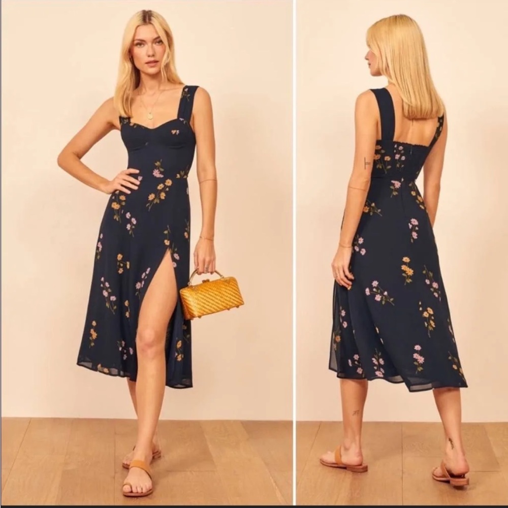 Reformation Navy Floral Midi Dress